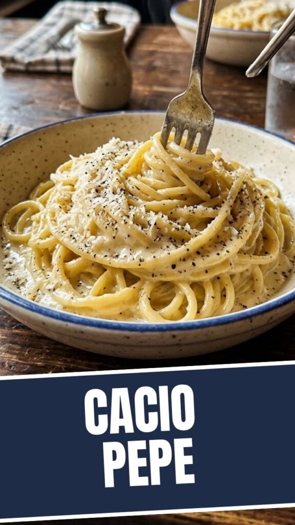 A plate of freshly made Cacio e Pepe pasta, garnished with black pepper and grated Pecorino Romano cheese