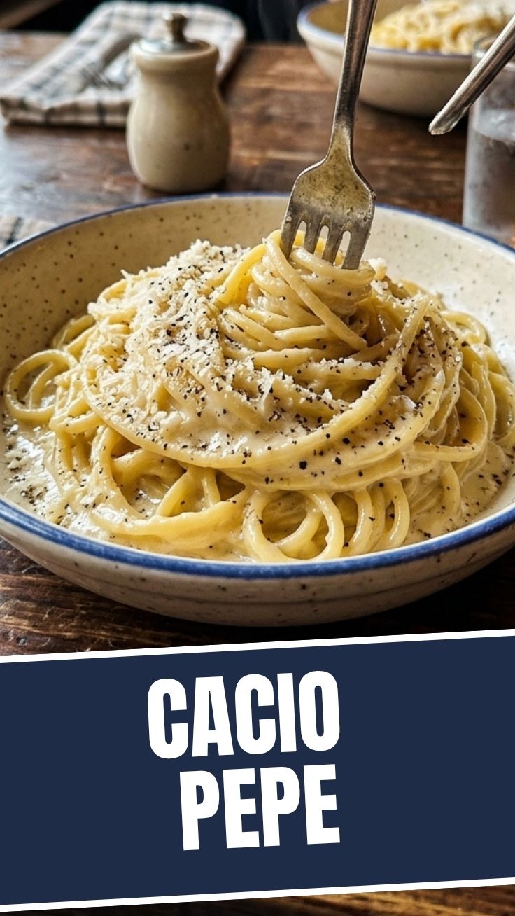 A plate of freshly made Cacio e Pepe pasta, garnished with black pepper and grated Pecorino Romano cheese
