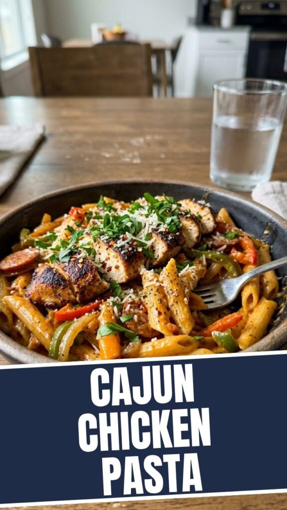 A close-up of creamy Cajun chicken pasta garnished with fresh parsley.