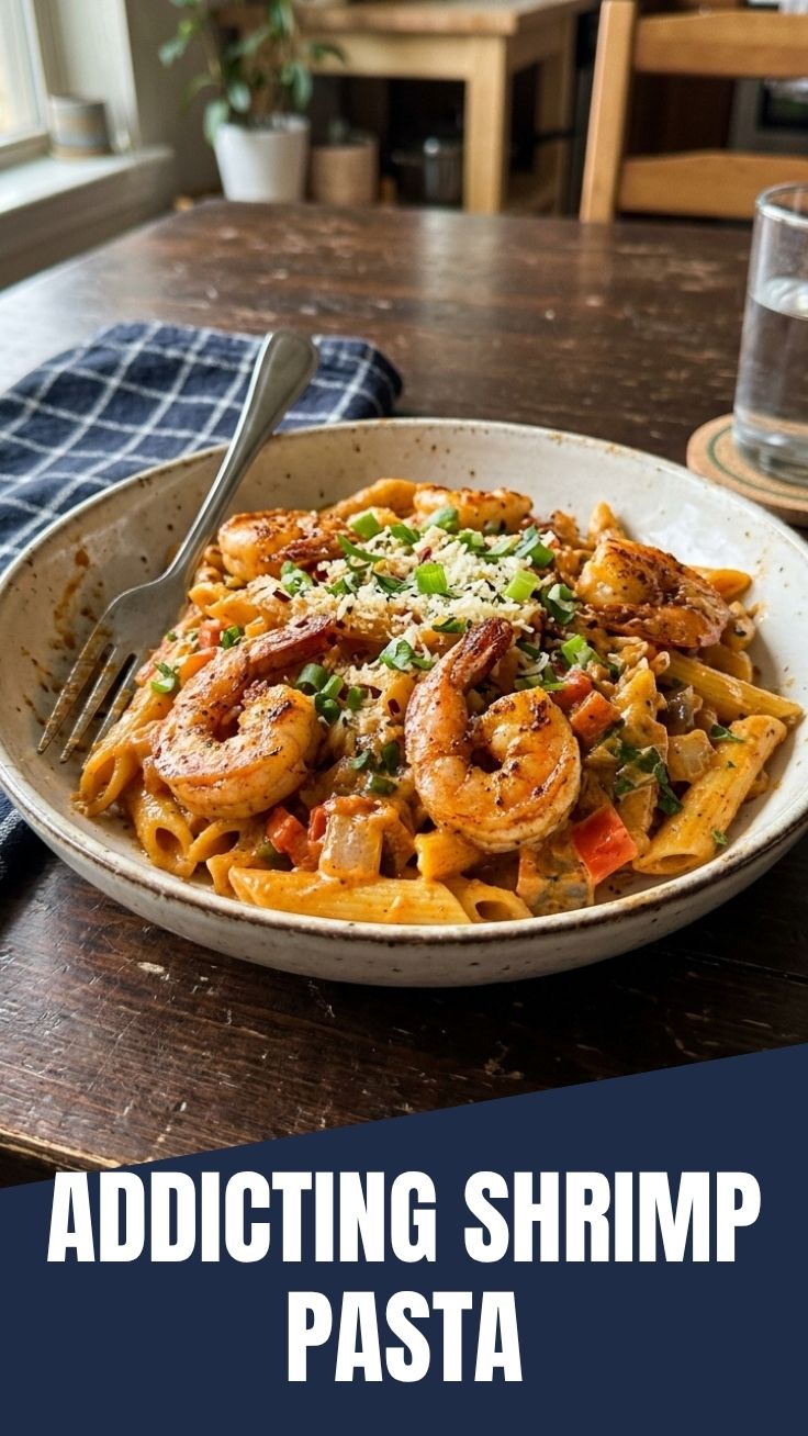 A close-up of a bowl of Cajun shrimp pasta with creamy sauce and green onions.