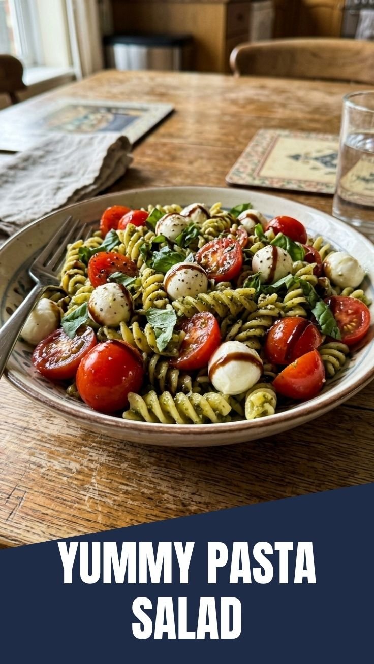 Caprese pasta salad with fresh basil and balsamic glaze