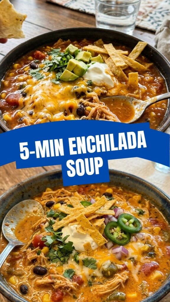 A steaming bowl of chicken enchilada soup garnished with fresh cilantro and cheese