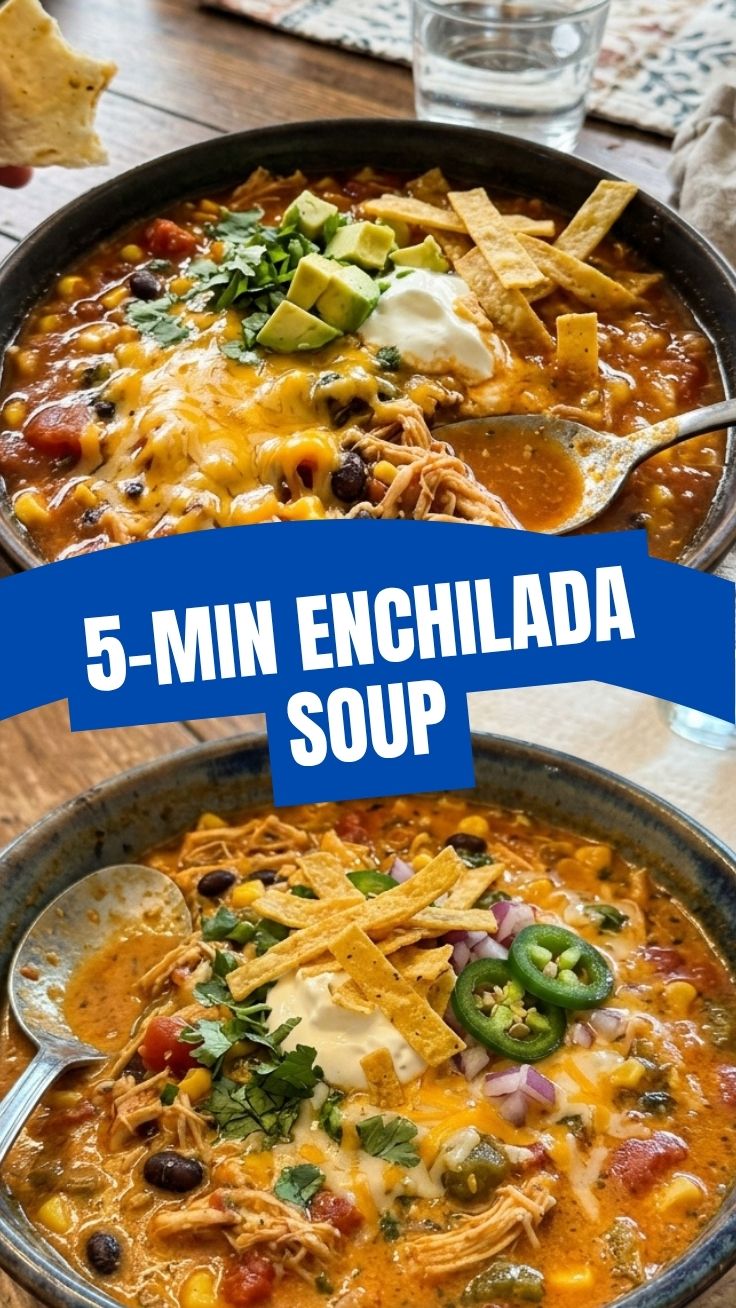 A steaming bowl of chicken enchilada soup garnished with fresh cilantro and cheese