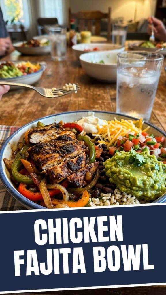 A colorful chicken fajita bowl filled with seasoned chicken, peppers, and onions
