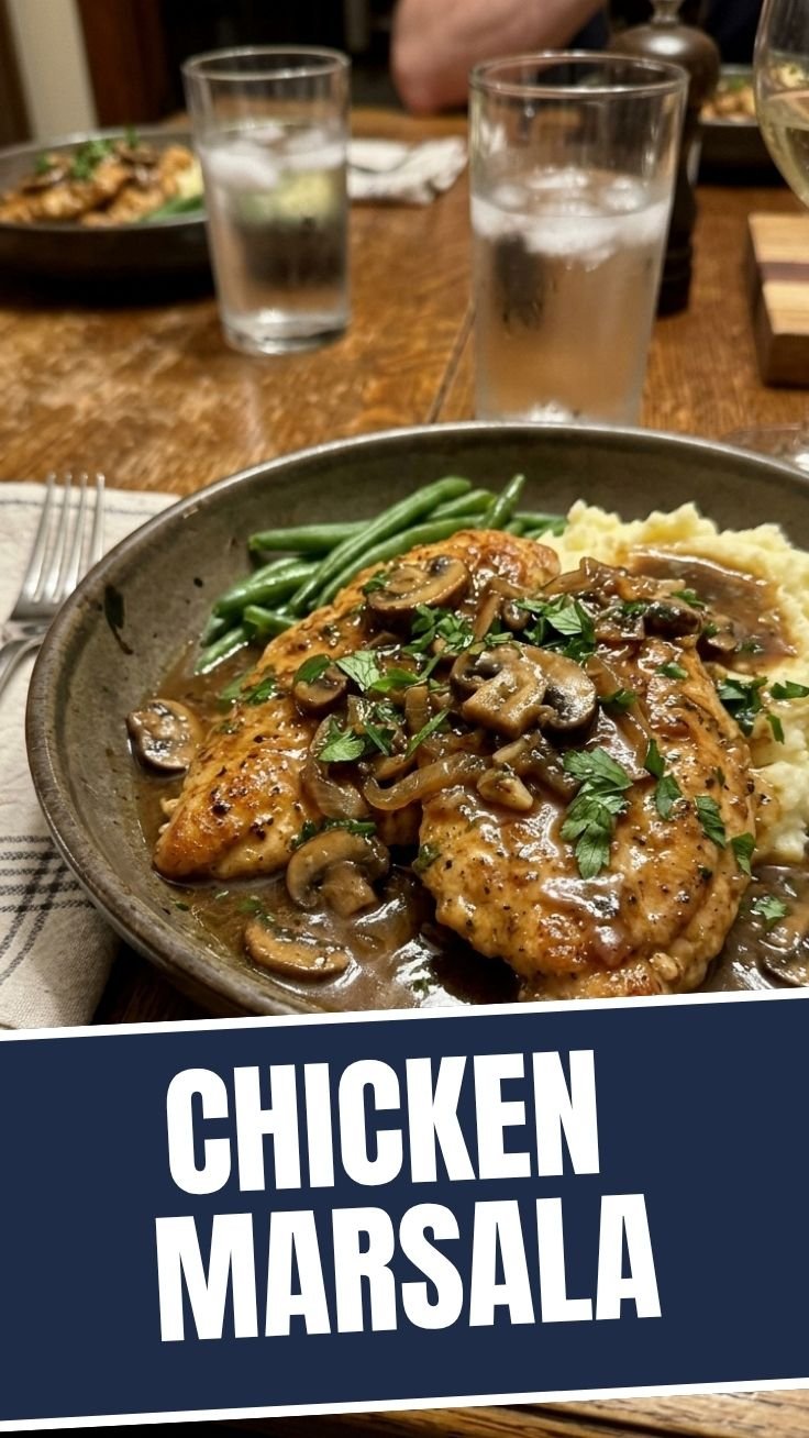 Golden pan-seared chicken Marsala with creamy mushroom sauce