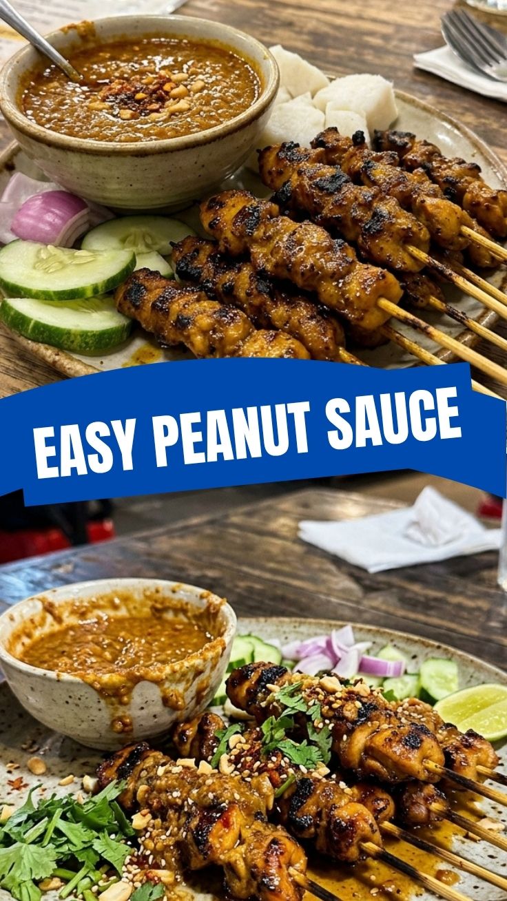 Grilled chicken satay skewers with a rich peanut sauce on the side.