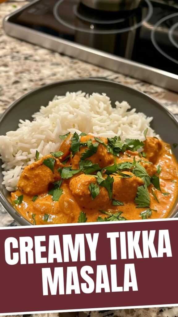 A vibrant bowl of chicken tikka masala with creamy sauce and herbs