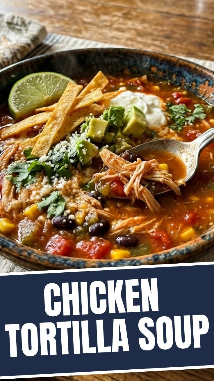 Hearty chicken tortilla soup garnished with avocado and tortilla strips