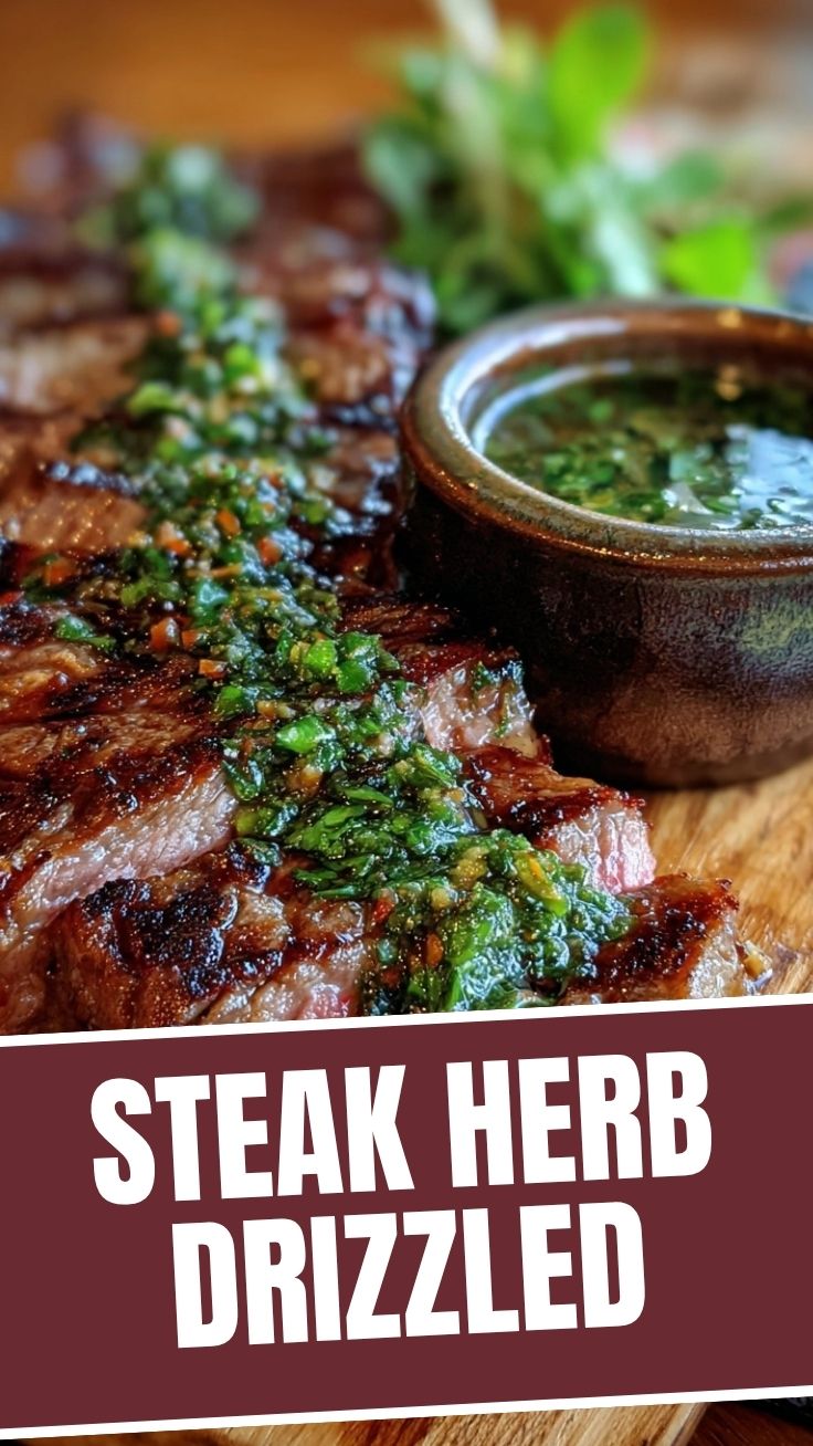 A perfectly cooked chimichurri steak, sliced and ready to serve.