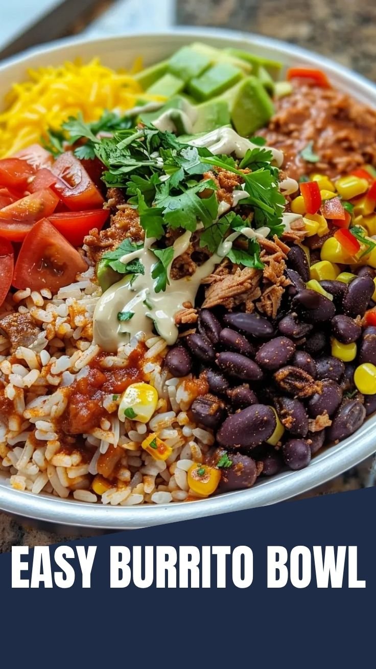 Chipotle-style burrito bowl with colorful layers