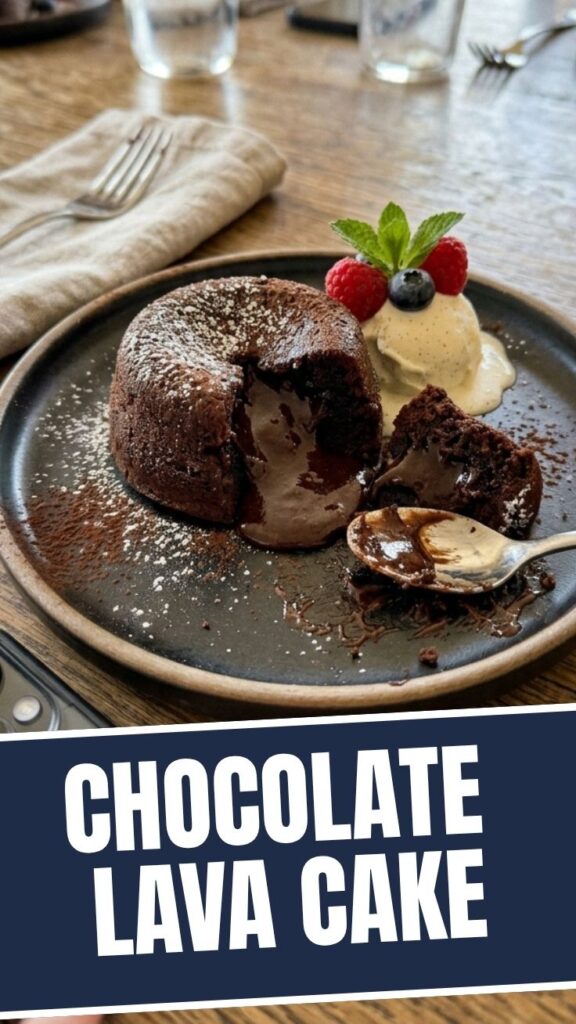A hot chocolate lava cake with a flowing molten center