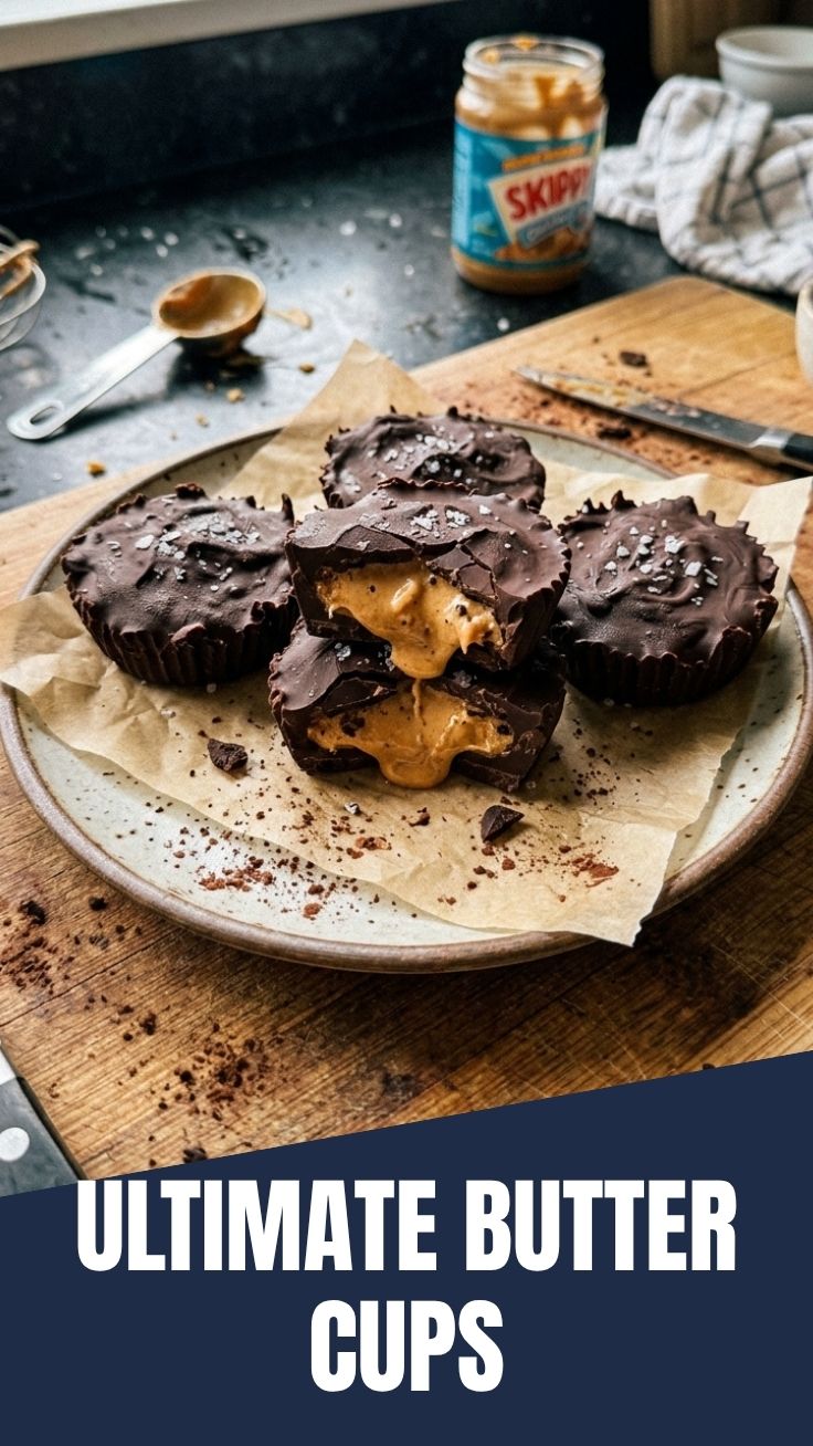 A close-up of several homemade chocolate peanut butter cups in paper liners.