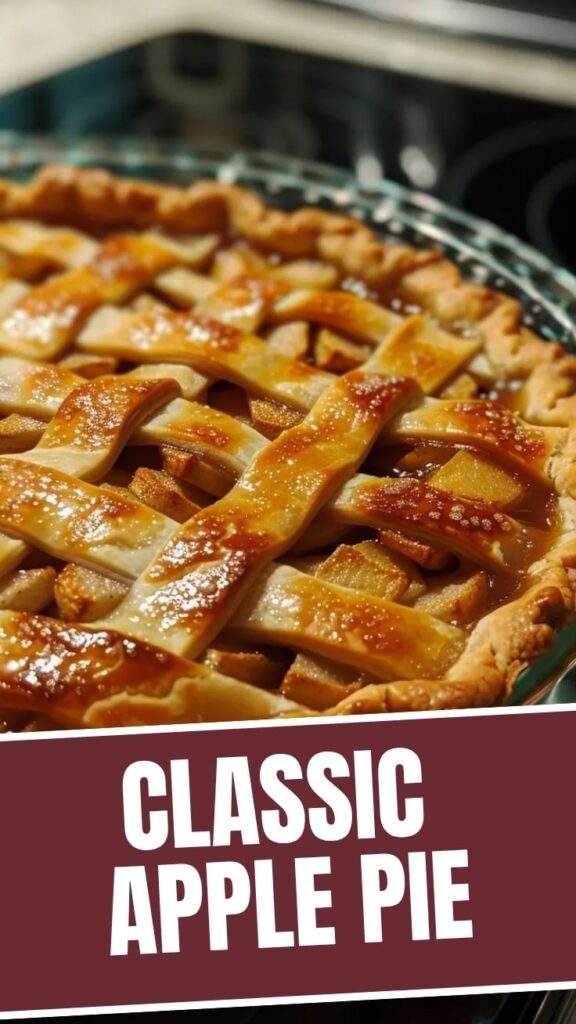 A classic apple pie with a golden, lattice top crust.