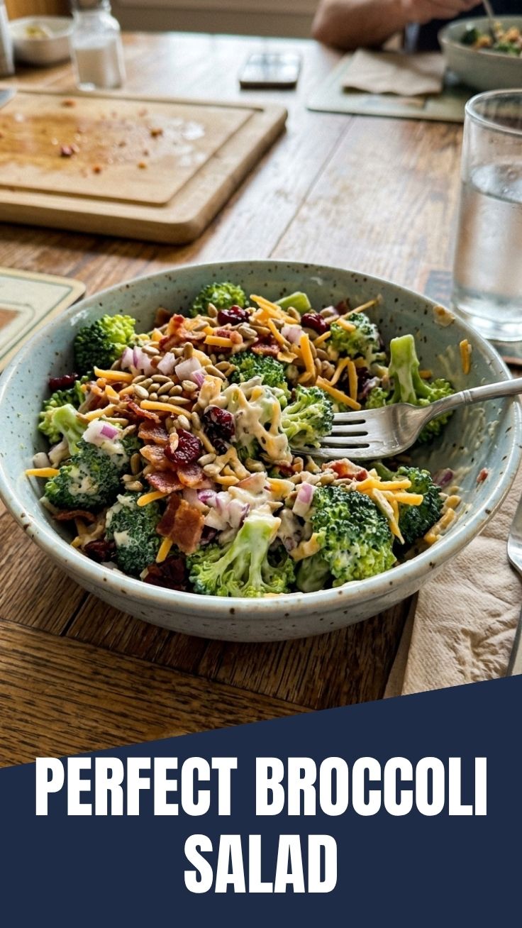 A bowl of classic broccoli salad with bacon, cheese, and a creamy dressing.