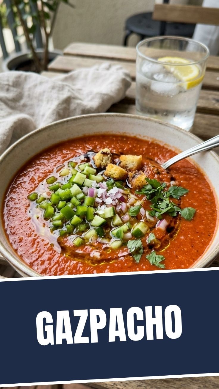 A classic gazpacho served in a clear bowl, showcasing its vibrant red color.