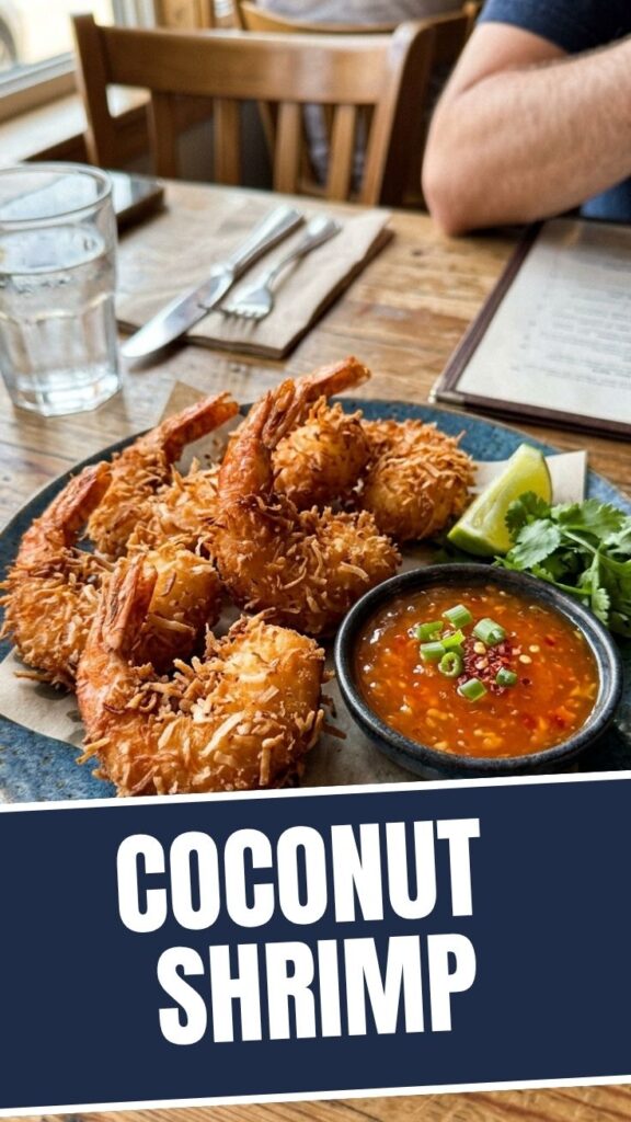 Platter of crispy, golden-brown coconut shrimp