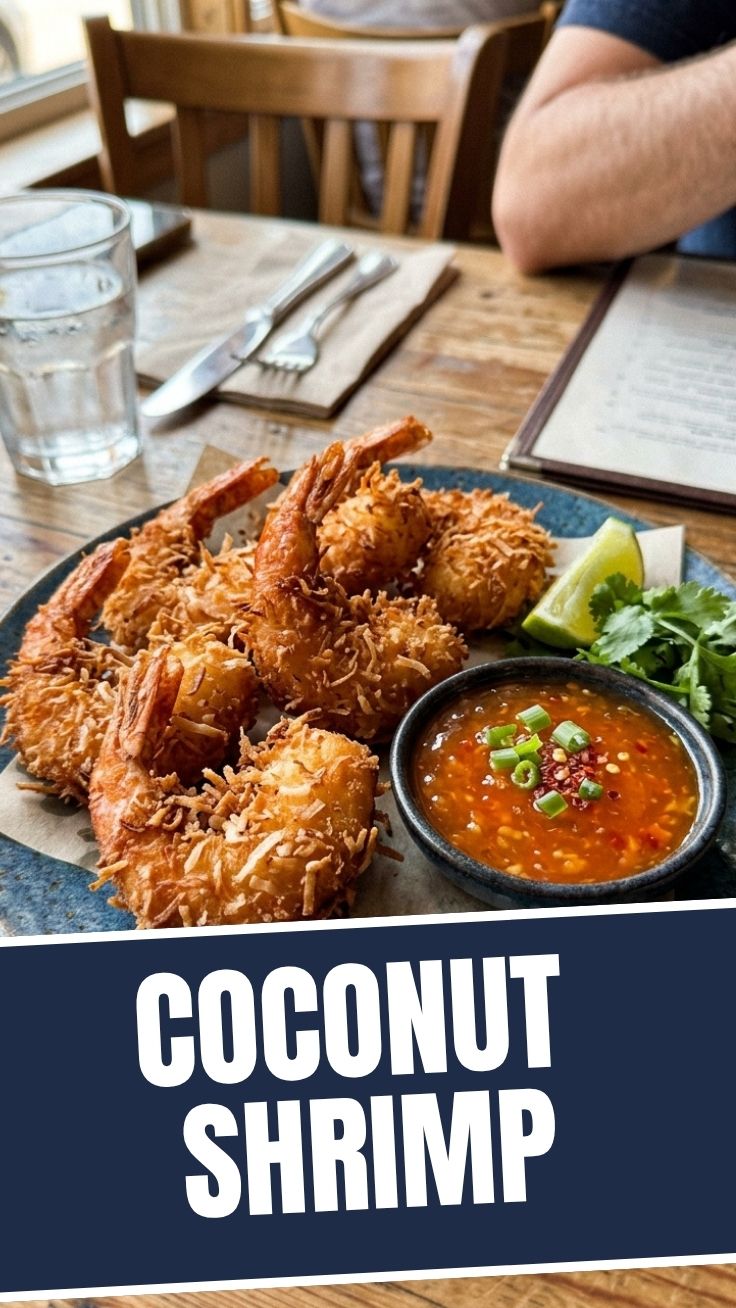 Platter of crispy, golden-brown coconut shrimp