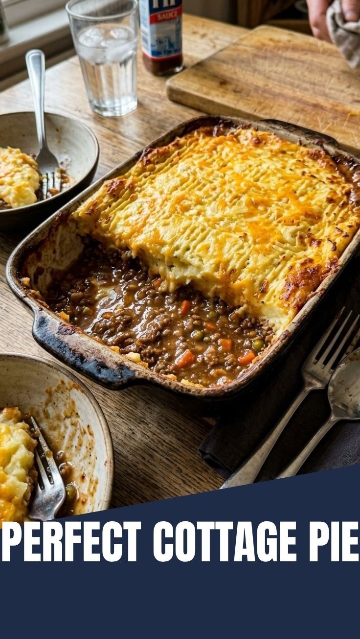 Golden crust on a cottage pie with beef and potato topping