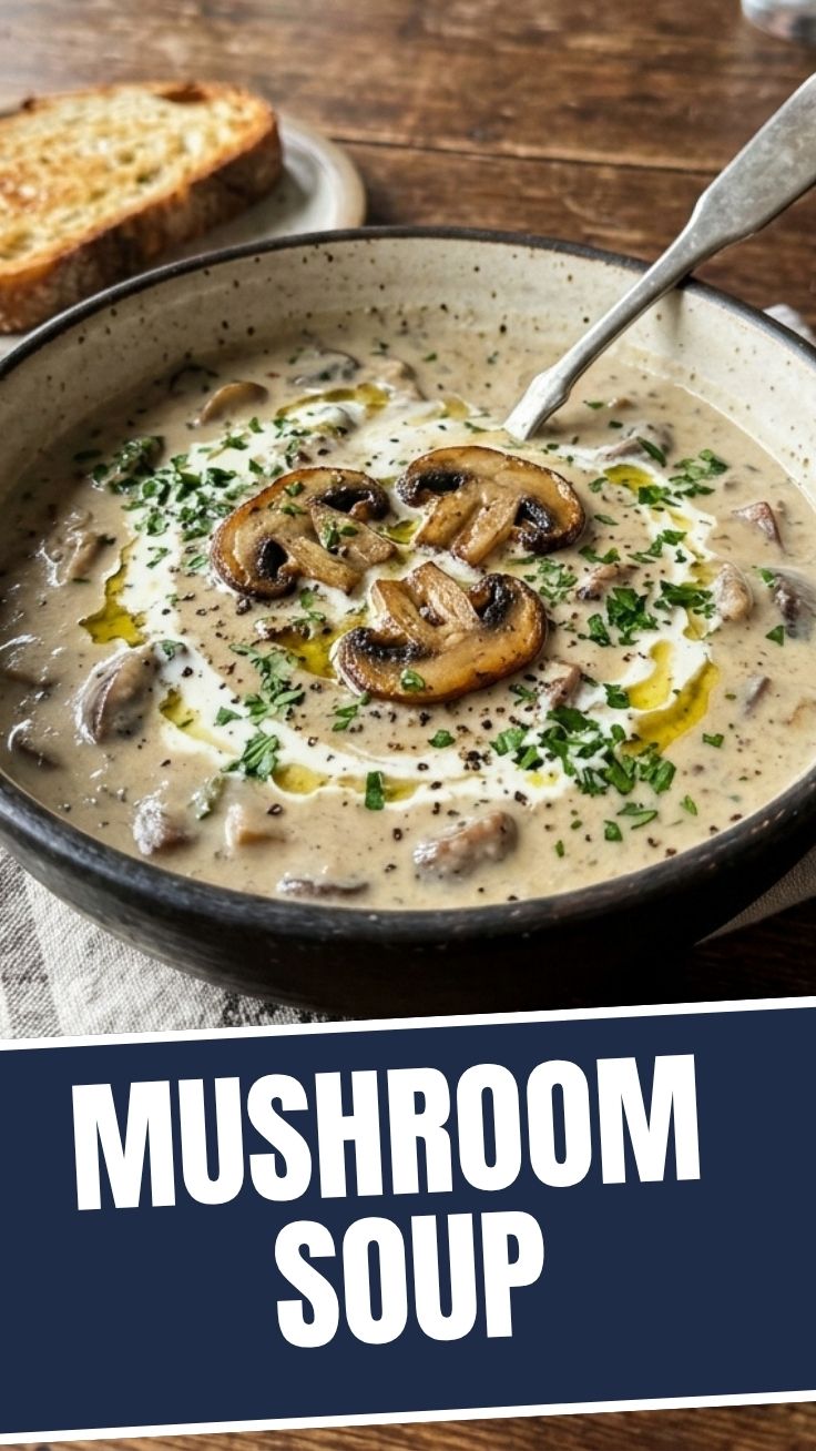 A bowl of delicious creamy mushroom soup garnished with fresh herbs