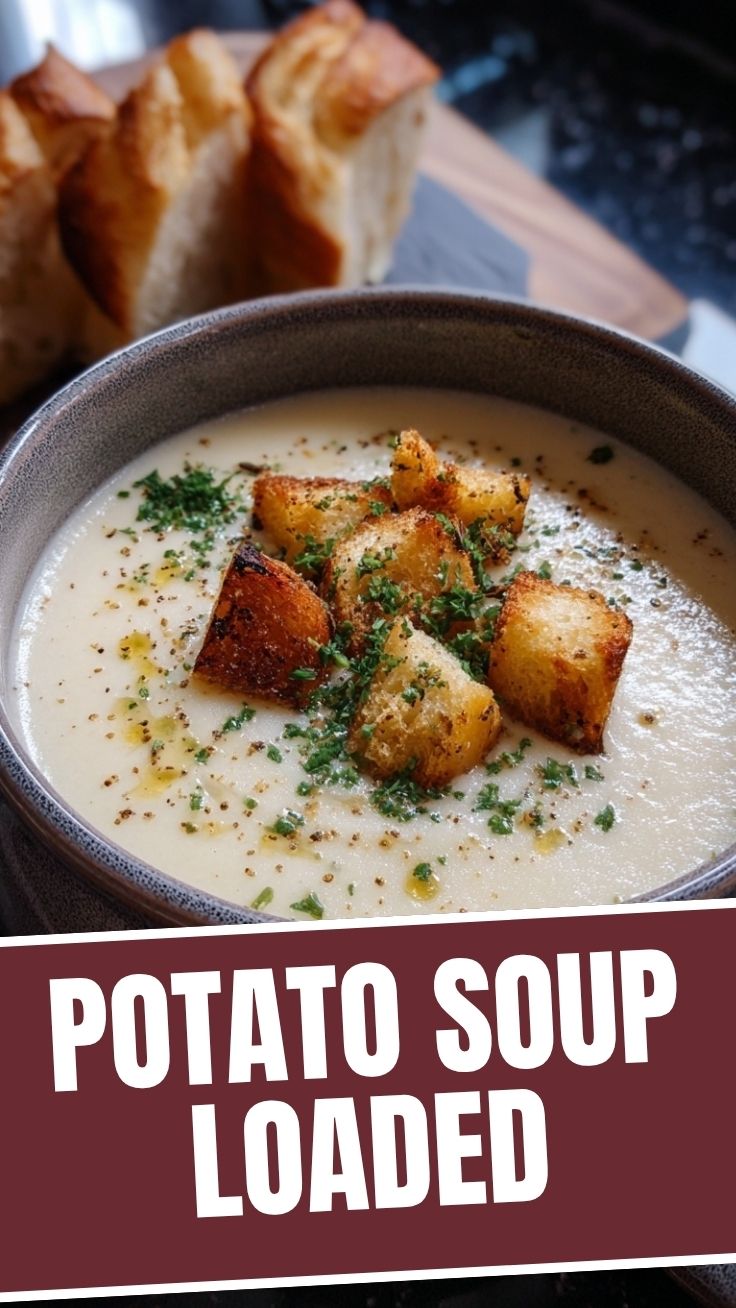 A bowl of rich, creamy potato soup Garnish with fresh herbs