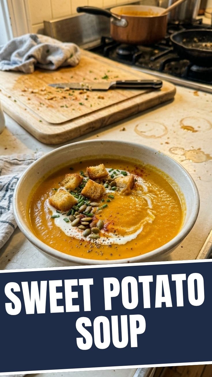 A bowl of creamy sweet potato soup, garnished with fresh herbs.