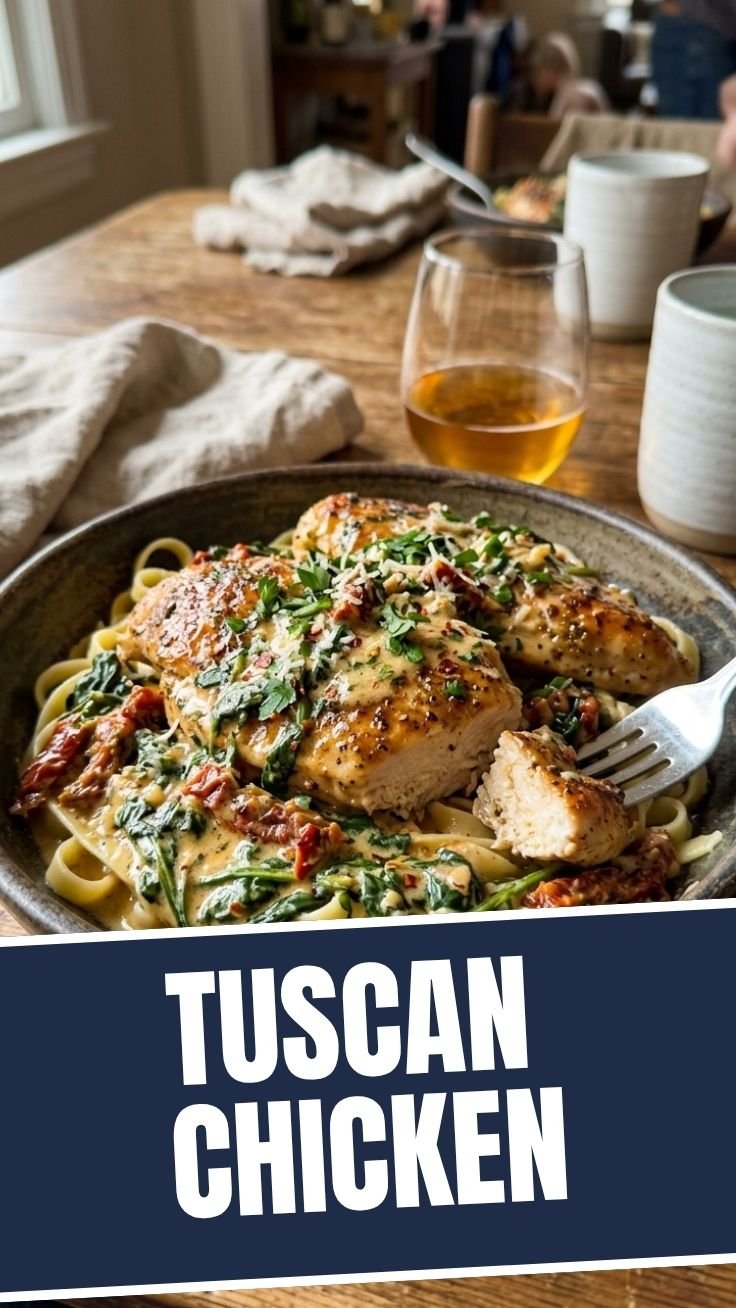 Creamy Tuscan Chicken simmering in a skillet