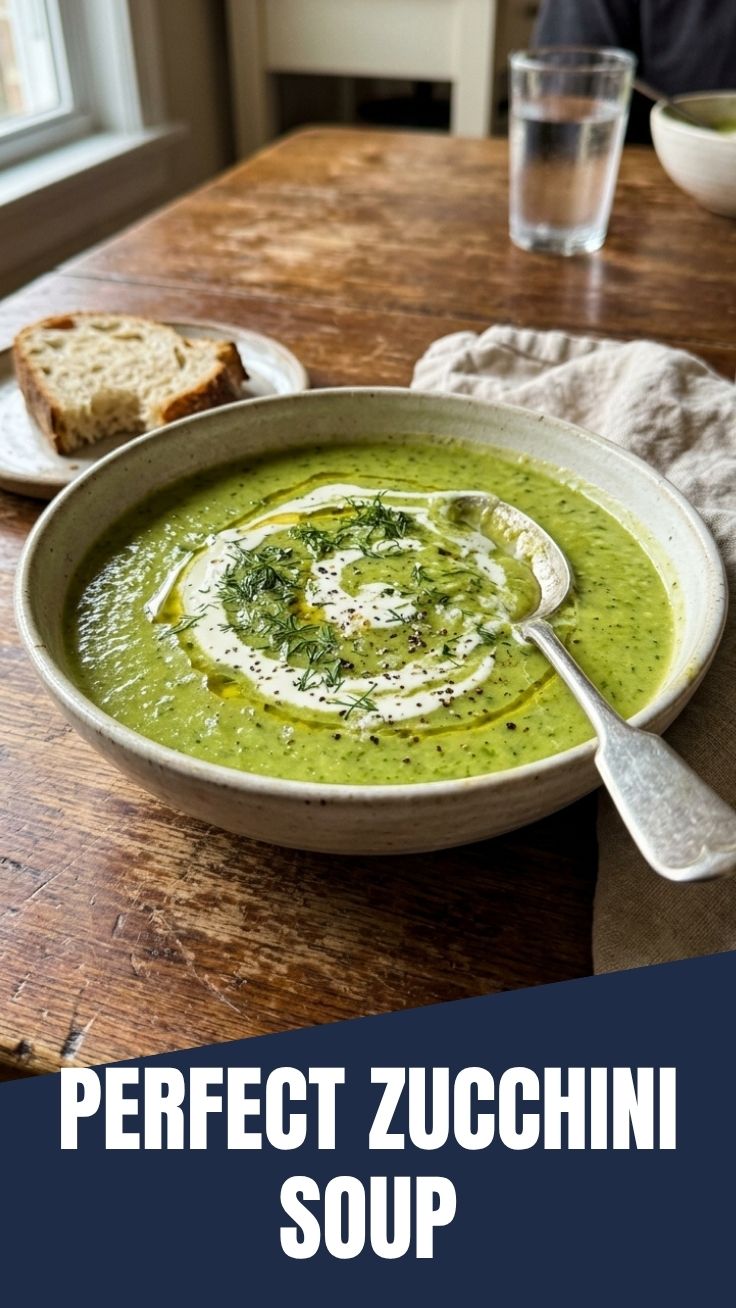 A bowl of rich and creamy zucchini soup, garnished with fresh herbs.