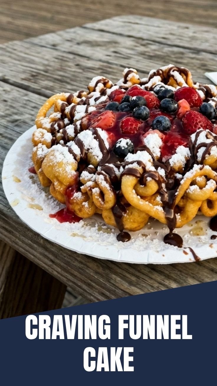 A freshly made funnel cake generously dusted with powdered sugar, ready to be served.
