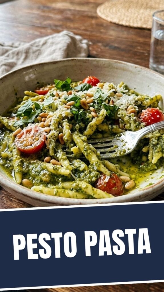 A vibrant bowl of pesto pasta, garnished with fresh basil leaves and Parmesan cheese.