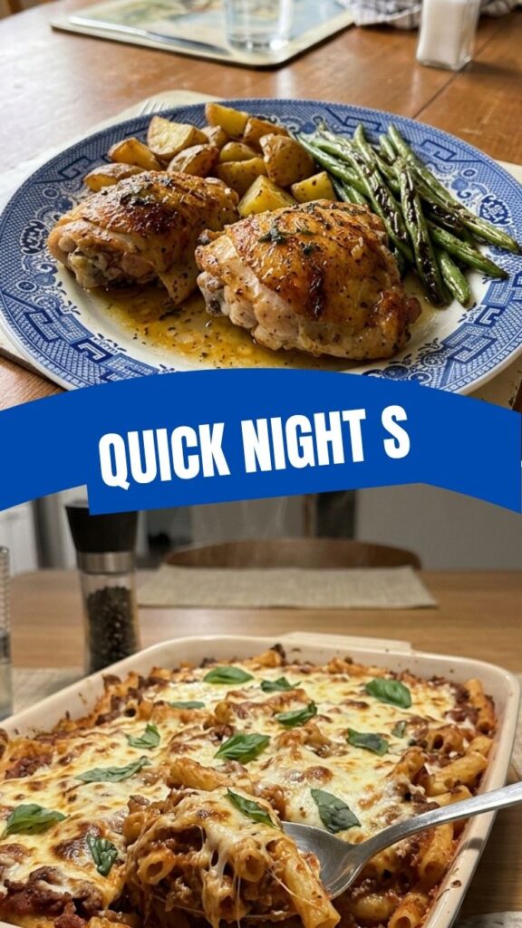 A colorful, easy school night dinner prepared for the family, emphasizing convenience.