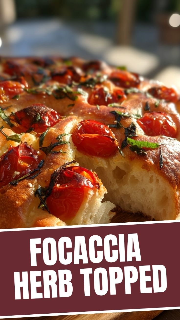 A golden-brown focaccia bread with dimpled surface, garnished with herbs and sea salt.