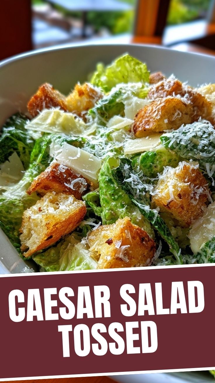 A fresh Caesar salad with romaine lettuce, croutons, and parmesan cheese.
