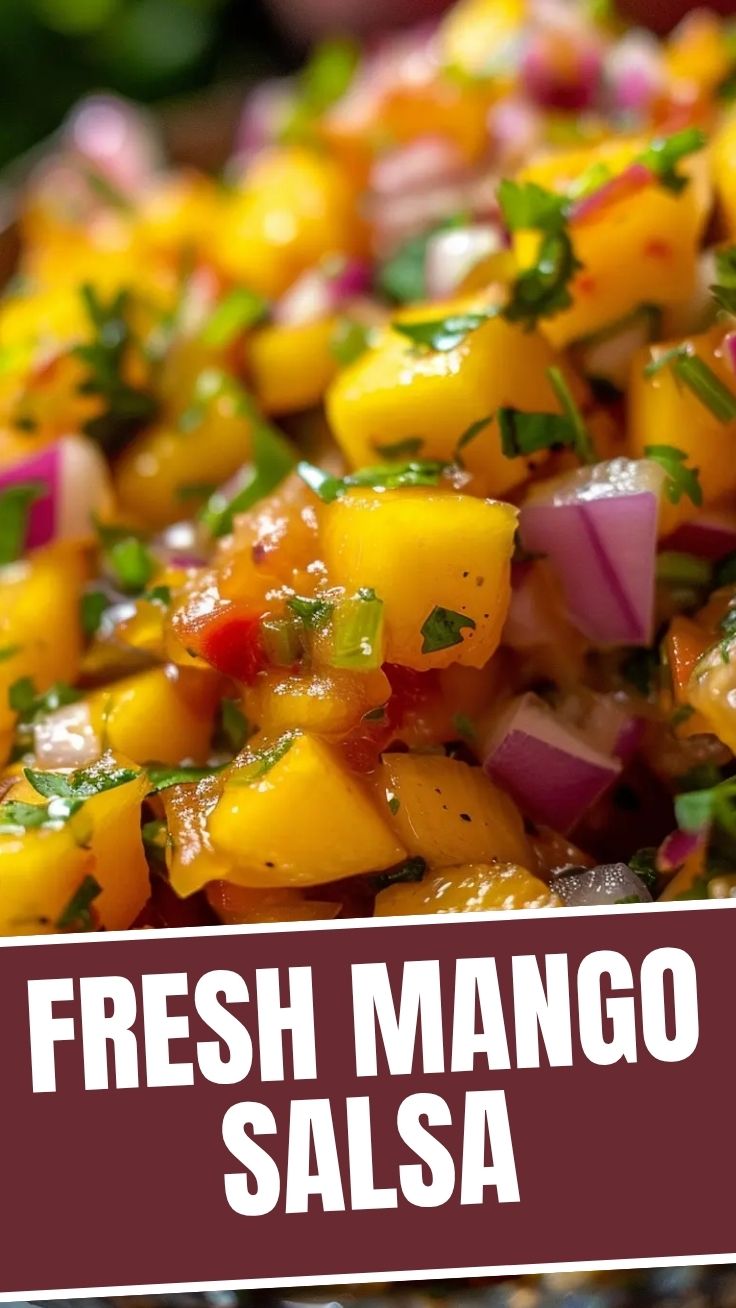A vibrant bowl of fresh mango salsa with red onion and cilantro.
