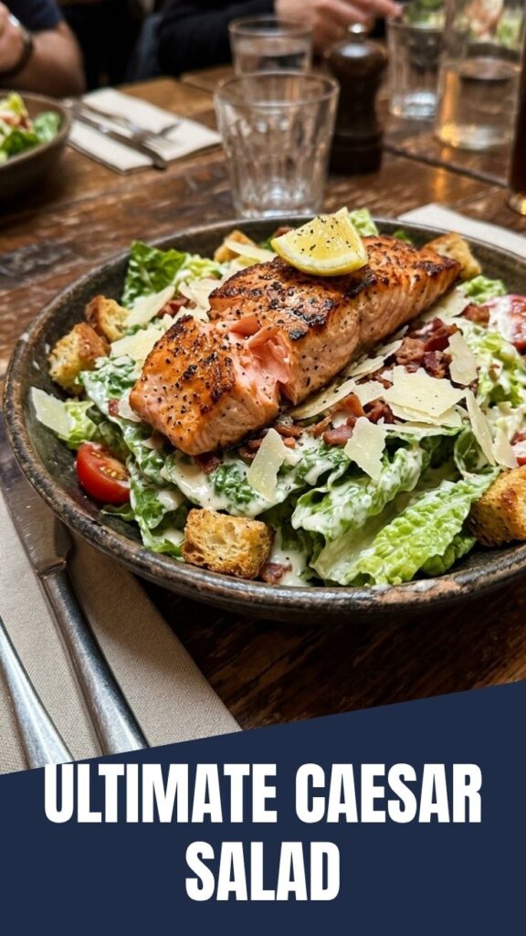 A fresh, vibrant Salmon Caesar Salad with crisp romaine lettuce and grilled salmon.
