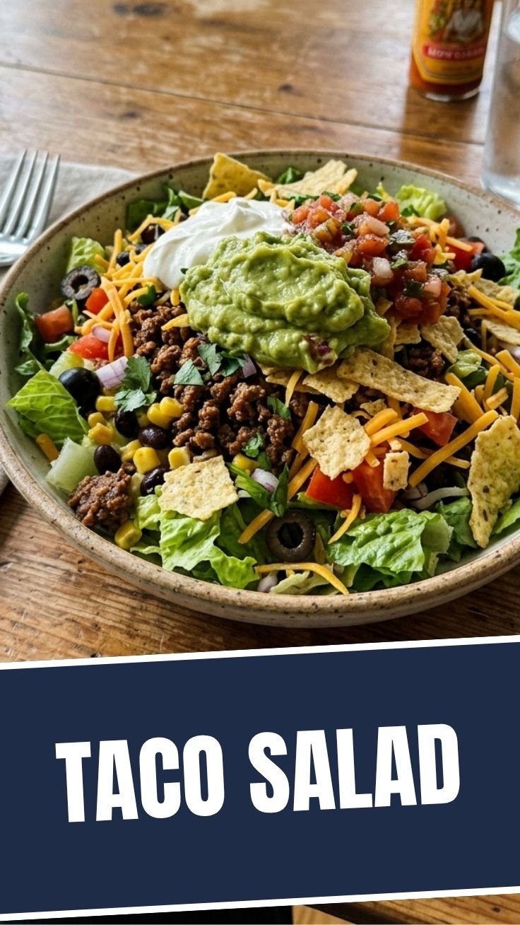 Fresh taco salad with ground beef, colorful vegetables, and creamy dressing