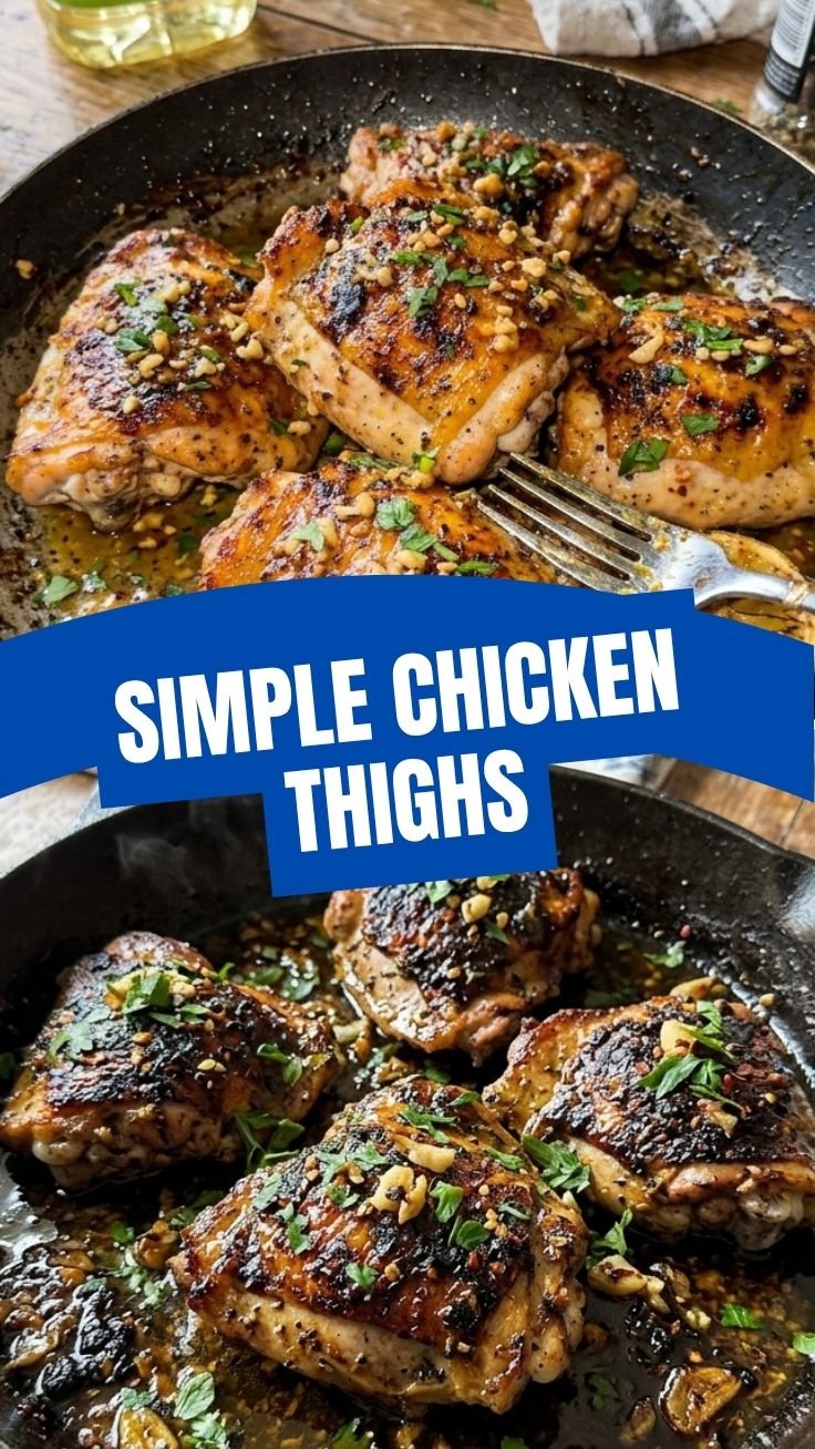Golden browned garlic butter chicken thighs in a skillet