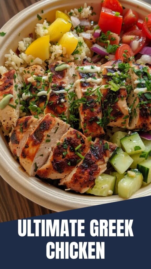 A fresh Greek chicken bowl with grilled chicken, salad, and feta