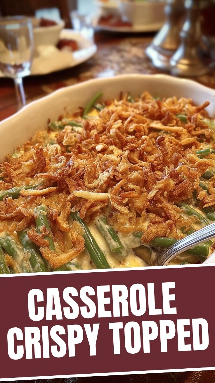 A steaming green bean casserole in a baking dish, fresh from the oven