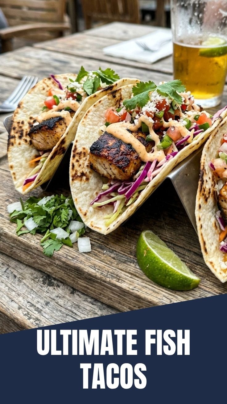 Close up of two grilled fish tacos with fresh toppings