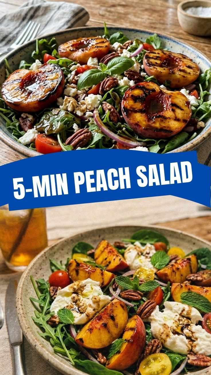 A vibrant grilled peach salad with feta and greens