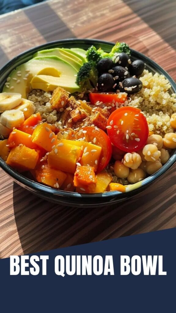A colorful quinoa bowl filled with fresh vegetables and protein.