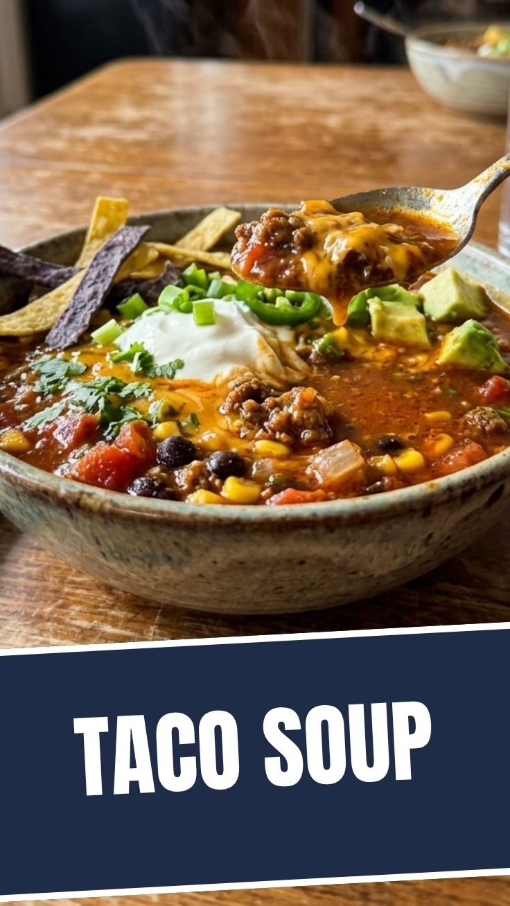 A hearty bowl of taco soup with toppings
