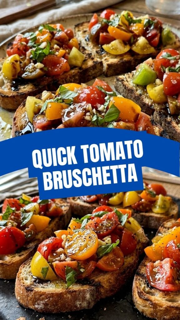 Heirloom tomato bruschetta with fresh basil on toasted bread.