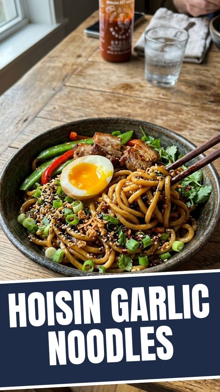 Bowl of Hoisin Garlic Noodles with green onions and garnish