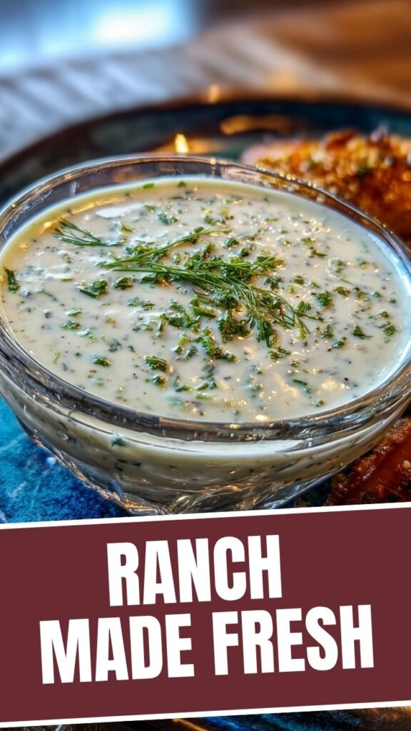 A bowl of creamy homemade ranch dressing with fresh herbs.