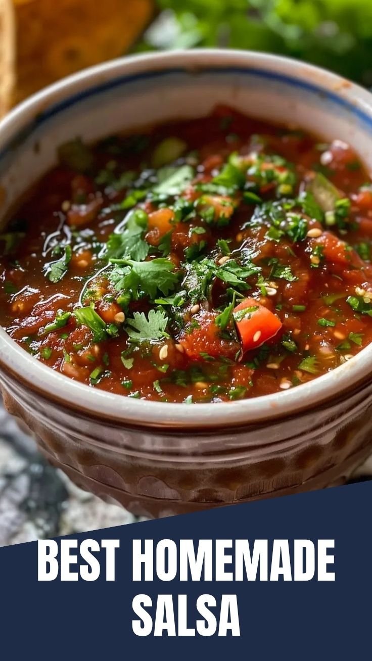 Fresh homemade salsa in a ceramic bowl with tortilla chips