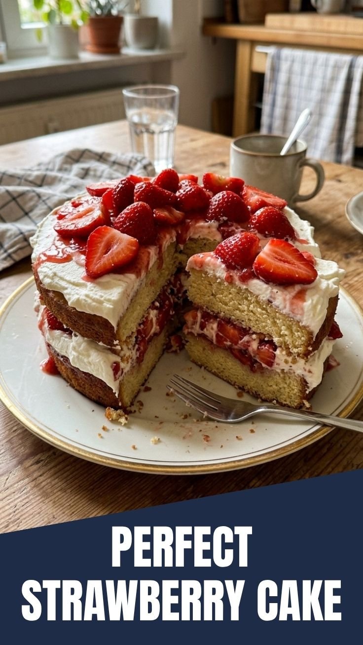 Fresh homemade strawberry cake with cream cheese frosting