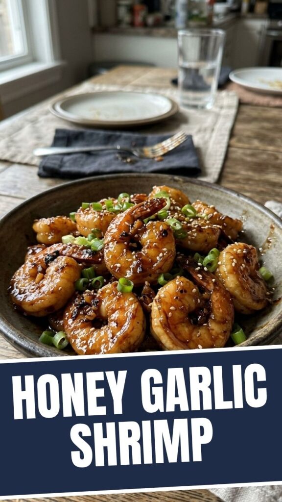 A serving of honey garlic shrimp with a glossy sauce and fresh parsley.
