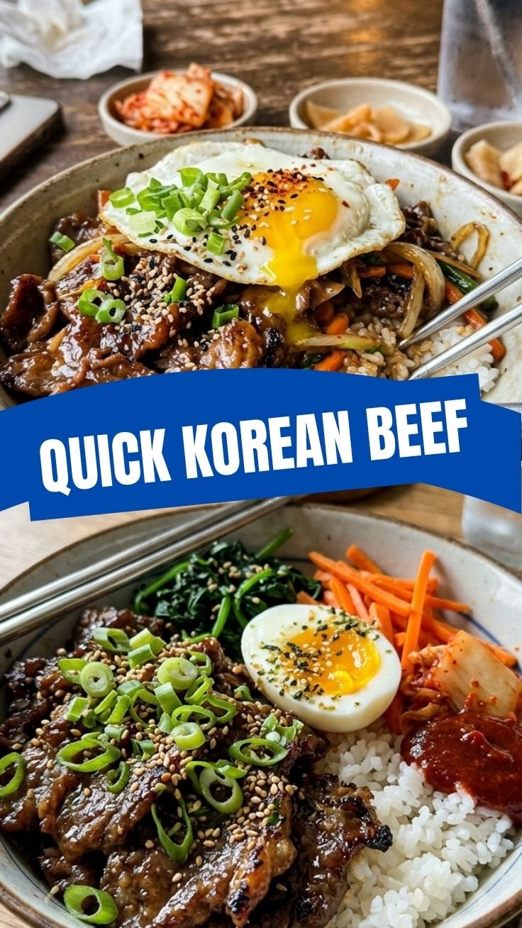 Vibrant Korean Beef Bowl with rice, beef, vegetables, and egg