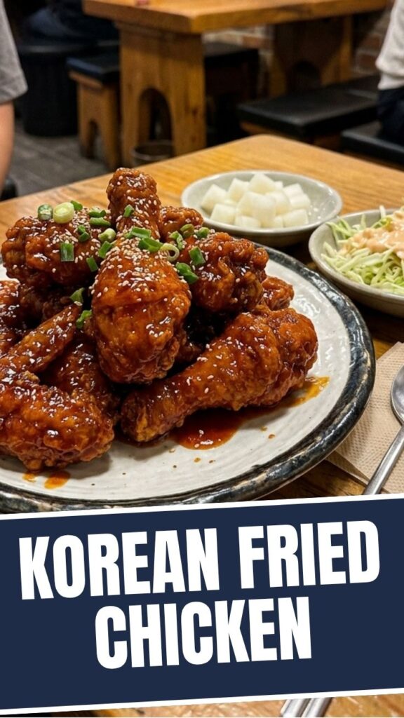 A plate of golden brown Korean fried chicken with a glossy sauce.